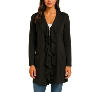 Contrast Black Ruffle Front Zip Cardigan Sweater with Pockets Womens Size Medium